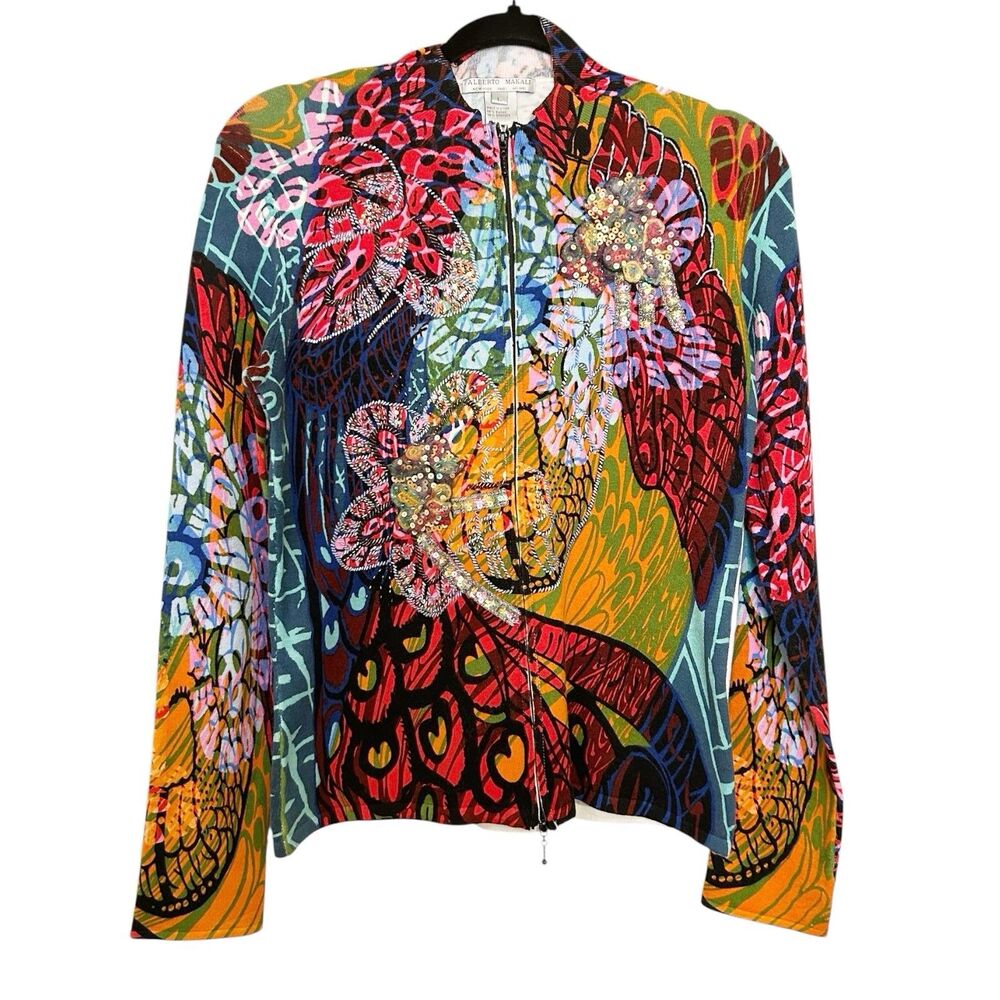 Alberto Makali Embellished Full Zip Cardigan Jacket Sz L Colorful Art To Wear